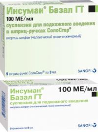 Инсуман базал гт 100ме/мл 3мл р-р д/ин. №5 фл. (AVENTIS PHARMA DEUTSCHLAND GMBH)