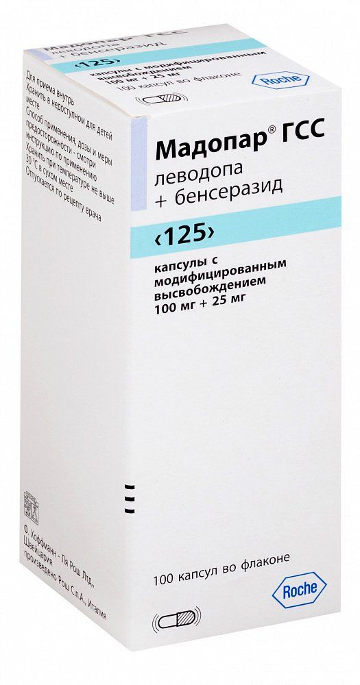 Мадопар гсс 100мг+25мг капс.модиф.высв. №100 (Roche s.p.a./ hoffmann-la roche ltd.)